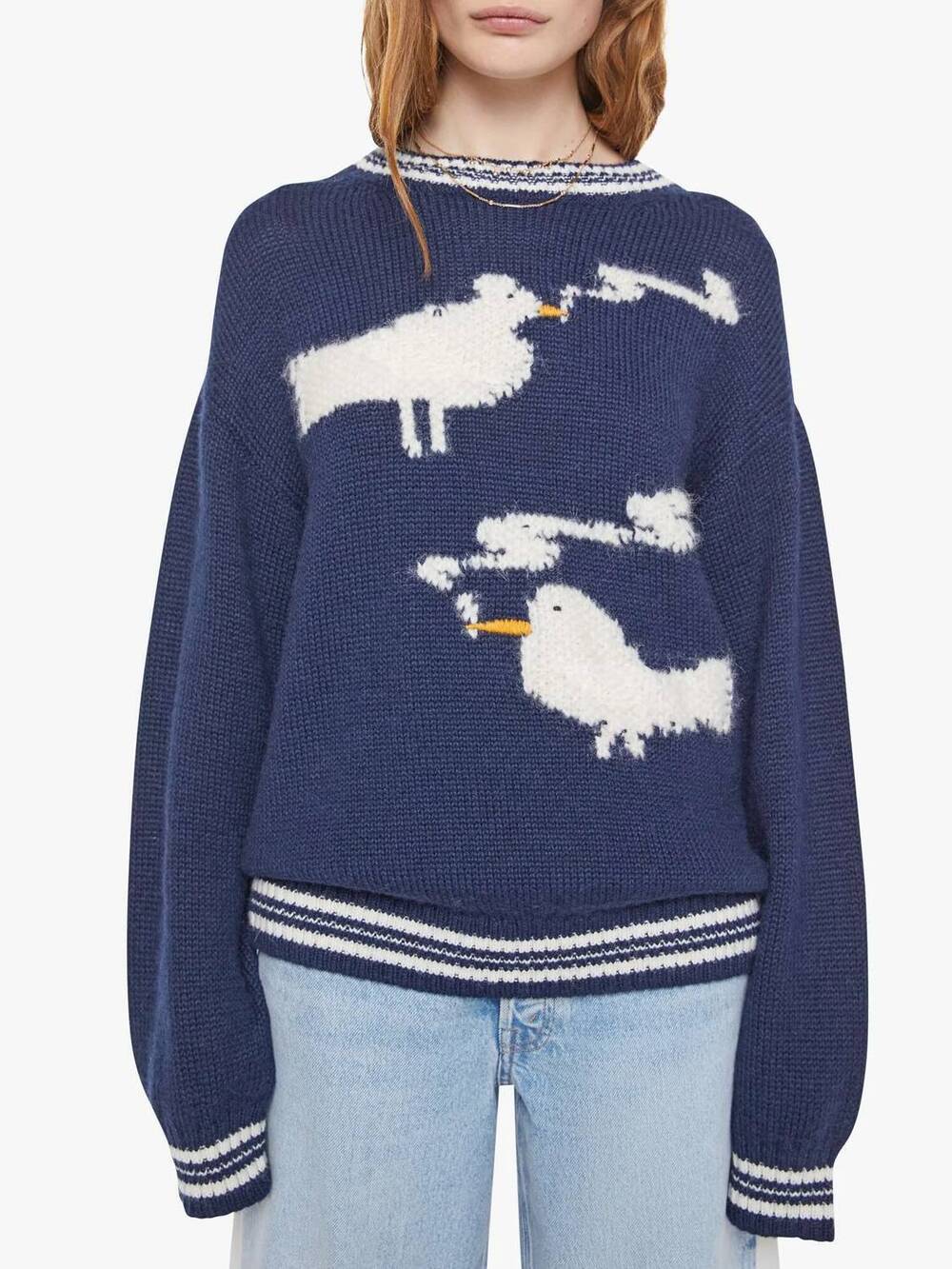 NEW MOTHER stoned birds jumper top in blue multi